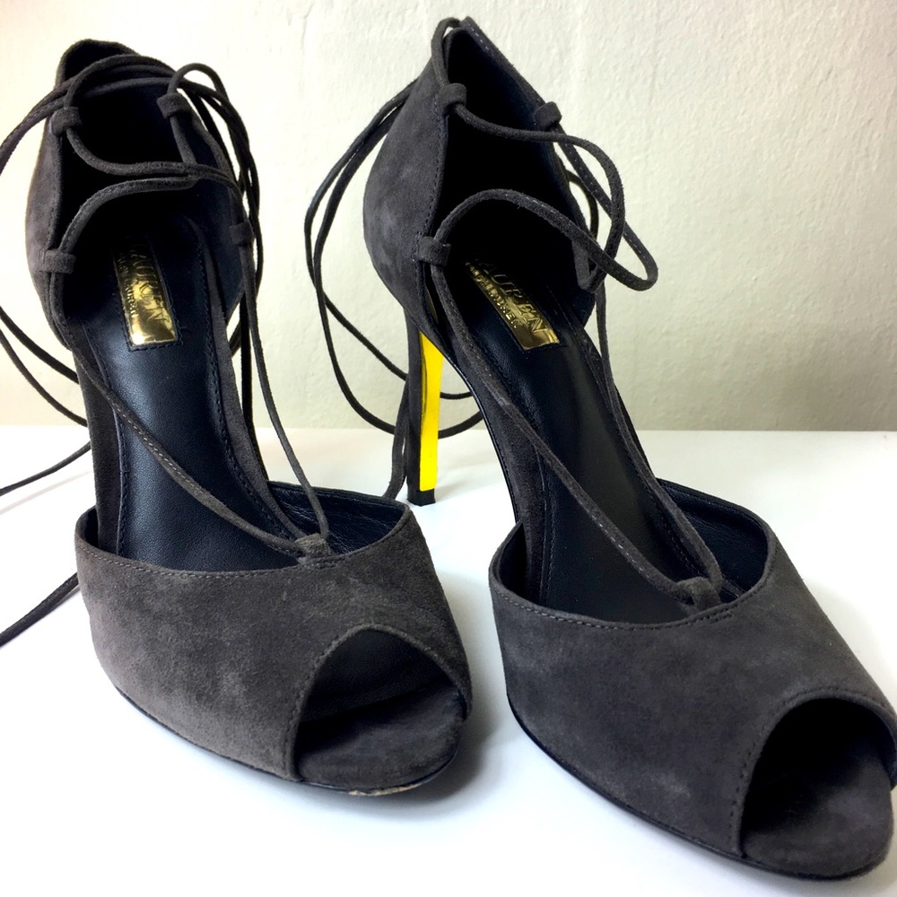 LAUREN RL grey suede laced Linden peeptoe heels 9B